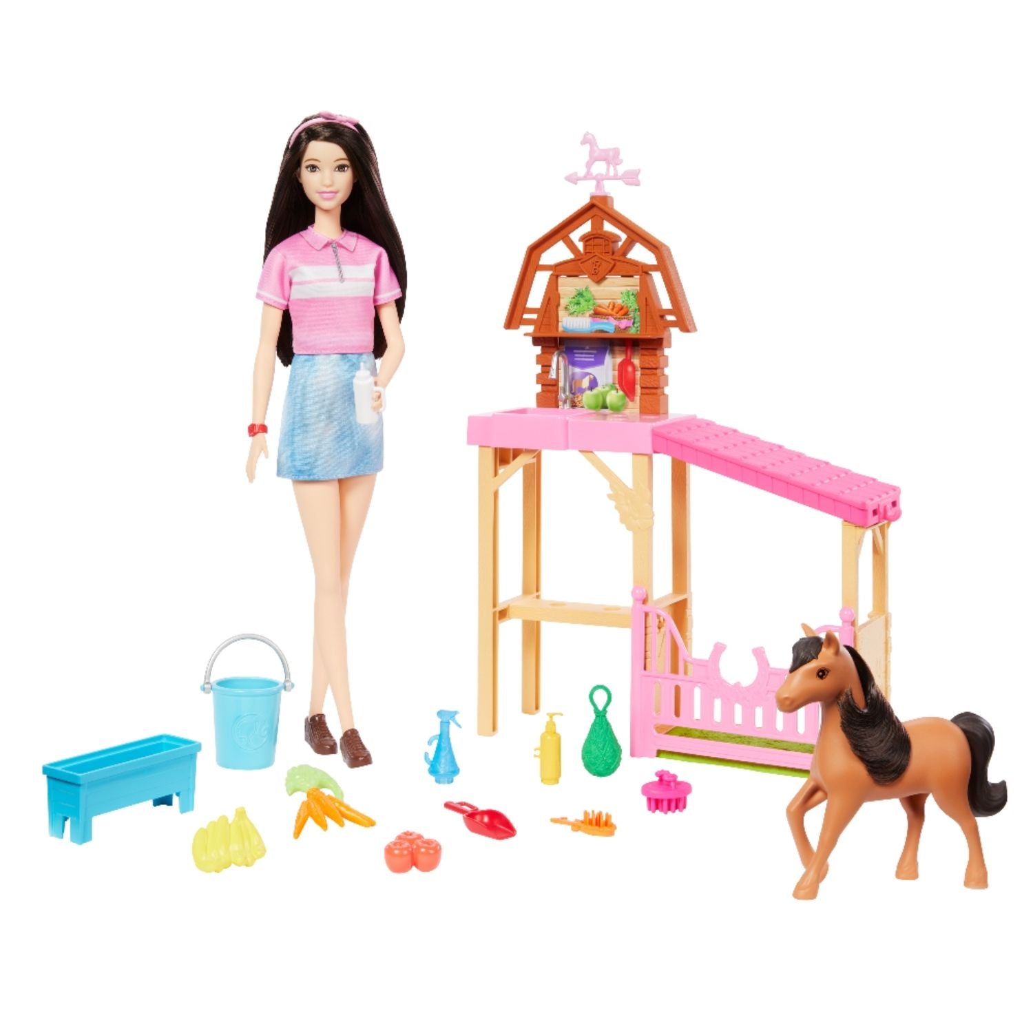 Muñeca Barbie con establo y caballo, accesorios de cuidado de animales